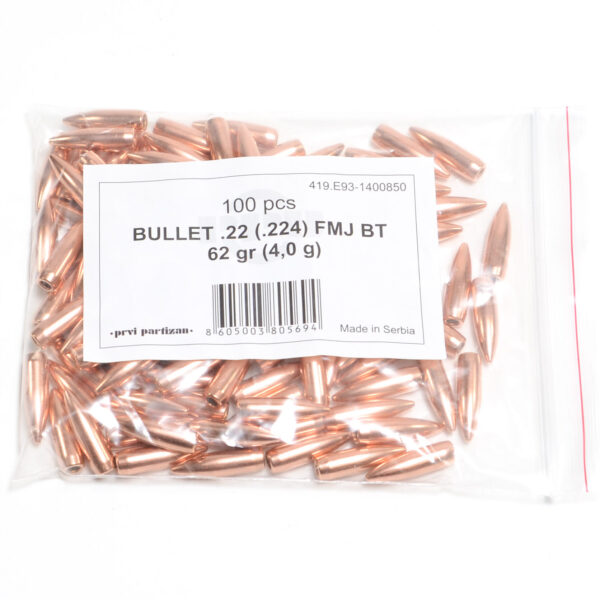 Prvi .224 / 22 62 Grain Full Metal Jacket Boat Tail (100)