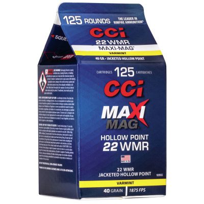 CCI Maxi-Mag Ammunition 22 Winchester Magnum Rimfire (WMR) 40 Grain Jacketed Hollow Point Box of 125