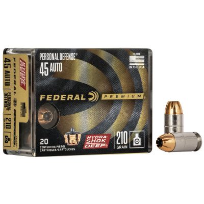 Federal Premium Personal Defense Ammunition 45 ACP 210 Grain Hydra-Shok Deep Jacketed Hollow Point Box of 20