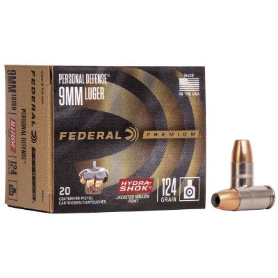 Federal Premium Personal Defense Ammunition 9mm Luger 124 Grain Hydra-Shok Jacketed Hollow Point Box of 20