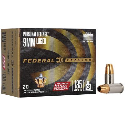 Federal Premium Personal Defense Ammunition 9mm Luger 135 Grain Hydra-Shok Deep Jacketed Hollow Point Box of 20