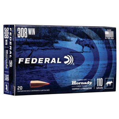 Federal Varmint Ammunition 308 Winchester 110 Grain Hornady V-Max Polymer Tipped Box of 20