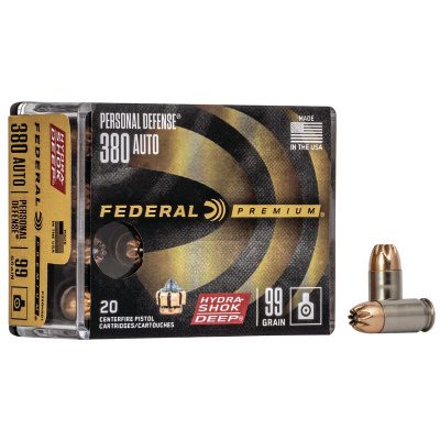 Federal Premium Personal Defense Ammunition 380 ACP 99 Grain Hydra-Shok Jacketed Hollow Point Box of 20