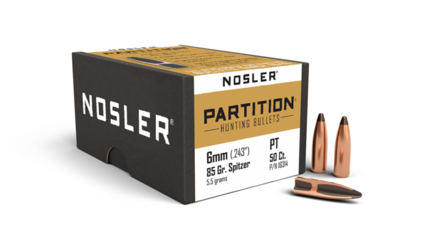 Nosler Partition Bullets 0.243 (243 Caliber, 6mm) 85 Grain Sptizer Box of 50