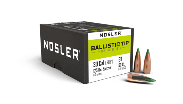 Nosler Ballistic Tip Bullets 0.308 (30 Caliber, 7.62mm) 125 Grain Polymer Tipped Box of 50