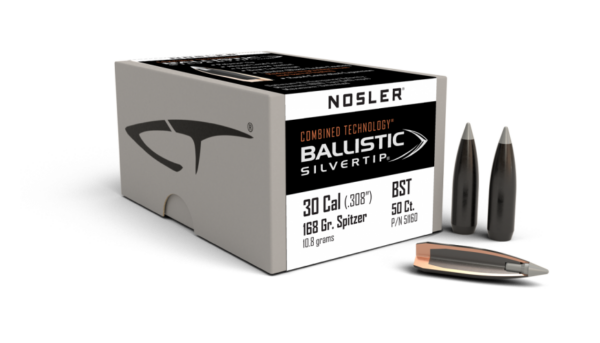 Nosler Ballistic Silvertip Bullets 0.308 (30 Caliber, 7.62mm) 168 Grain Polymer Tipped Box of 50
