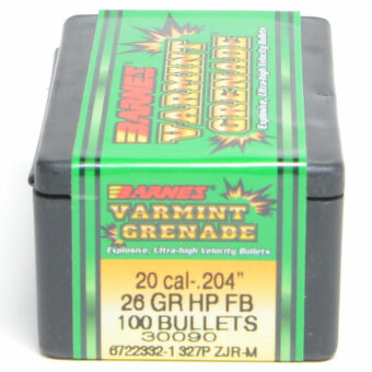 Barnes Varmint Grenade Bullets .204 Diameter (20 Caliber) 26 Grain Hollow Point Flat Base