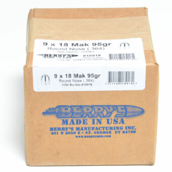 Berry's Bullets 0.364 (9x18mm (9mm Makarov)) 95 Grain Round Nose Box of 1000