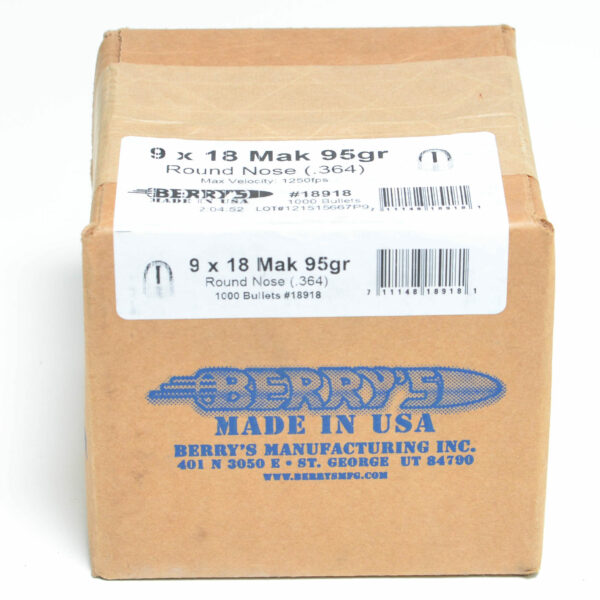 Berry's Bullets 0.364 (9x18mm (9mm Makarov)) 95 Grain Round Nose Box of 1000