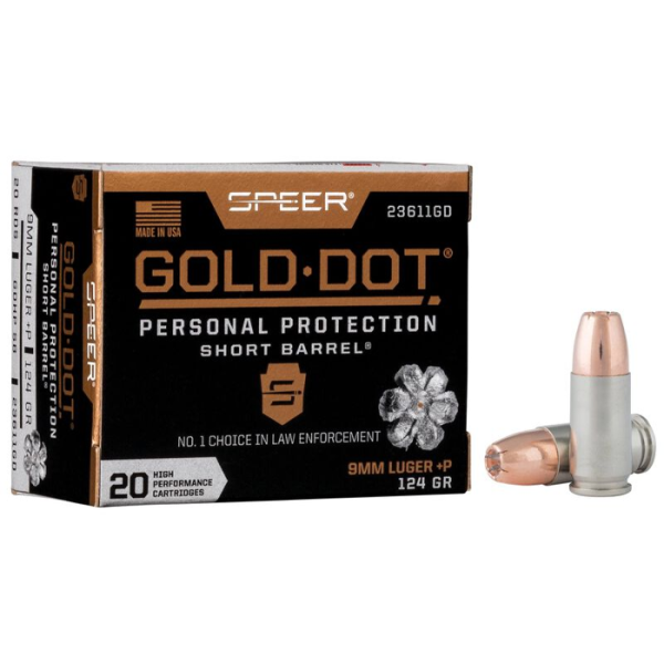 Speer Short Barrel Ammunition 9mm Luger +P 124 Grain Gold Dot Hollow Point Box of 20