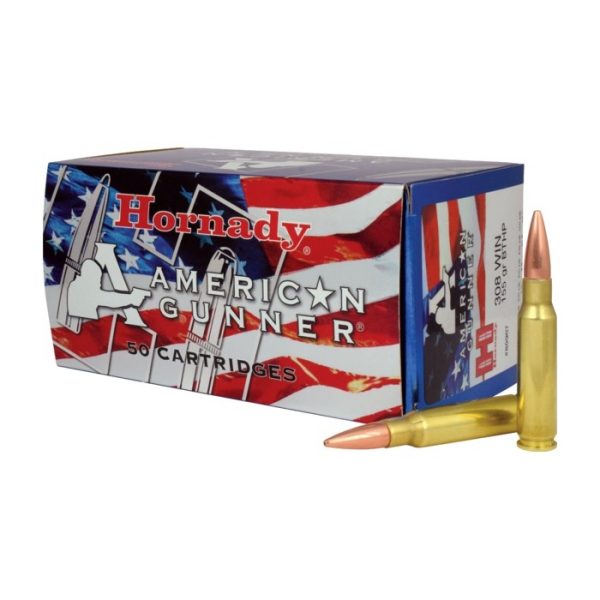 Hornady American Gunner Ammunition 308 Winchester 155 Grain Boat Tail Hollow Point Box of 50