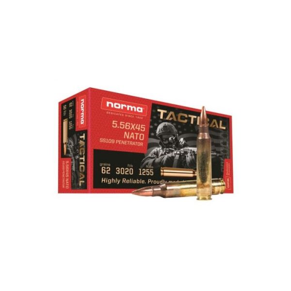 Norma Tactical Ammunition 5.56x45mm NATO 62 Grain Full Metal Jacket Box of 50